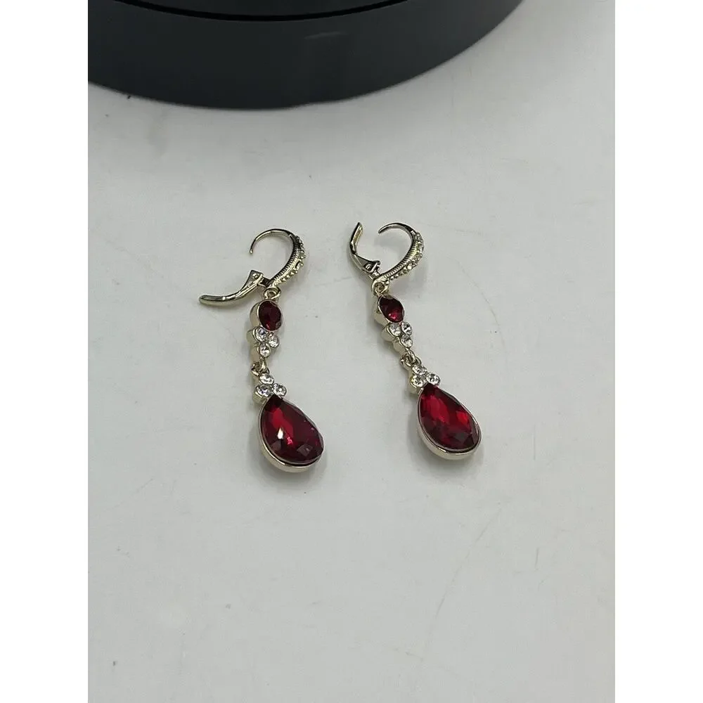 Givenchy Womens Gold‎ Tone Red Clear Crystal Dangle Drop Lever-back Earring New